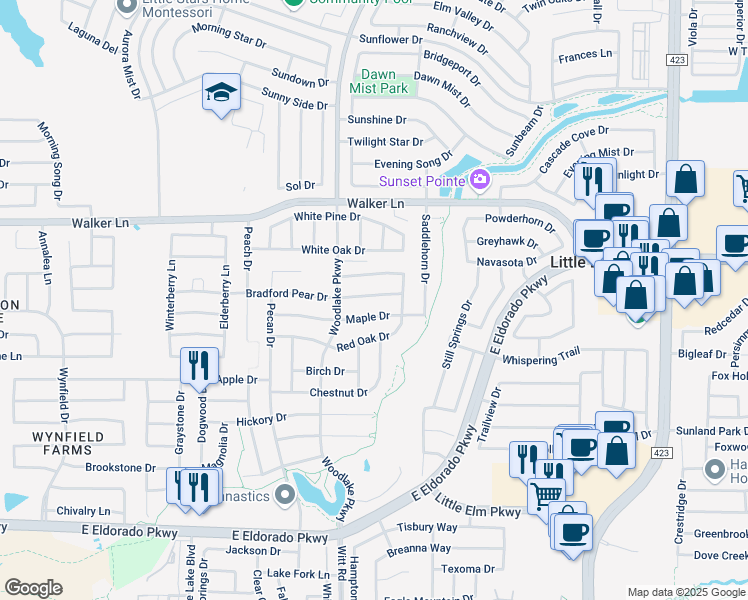 map of restaurants, bars, coffee shops, grocery stores, and more near 2332 Bradford Pear Drive in Little Elm