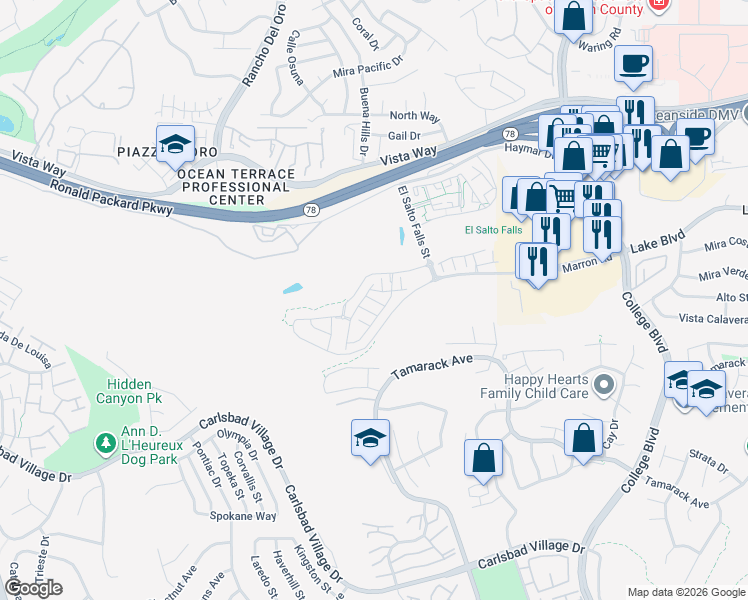 map of restaurants, bars, coffee shops, grocery stores, and more near Vestra Way in Carlsbad