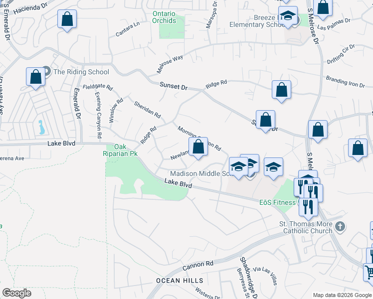 map of restaurants, bars, coffee shops, grocery stores, and more near 3575 Newland Road in Oceanside