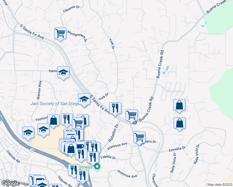 map of restaurants, bars, coffee shops, grocery stores, and more near 1764 York Drive in Vista