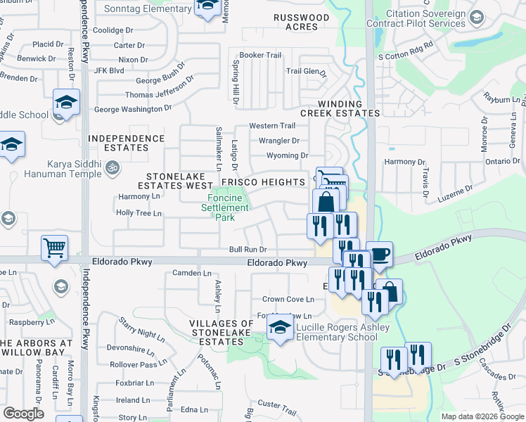 map of restaurants, bars, coffee shops, grocery stores, and more near 15579 Appaloosa Drive in Frisco