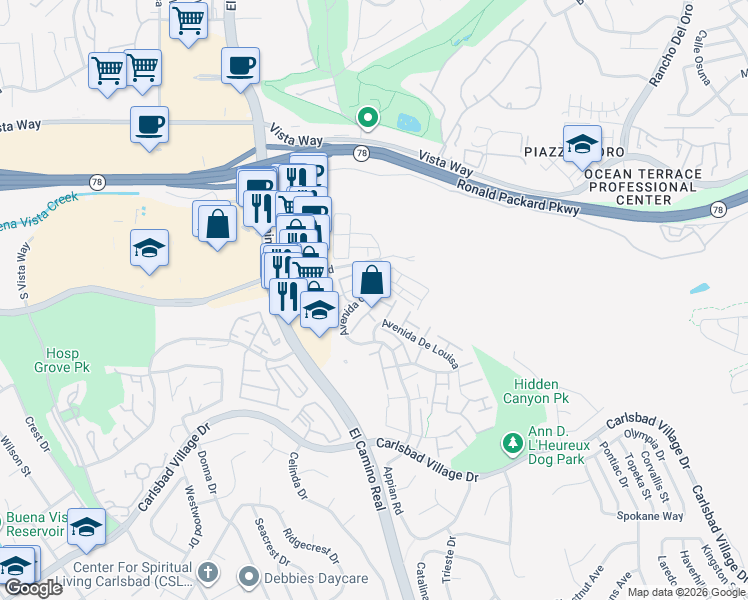 map of restaurants, bars, coffee shops, grocery stores, and more near 2606 Via Astuto in Carlsbad