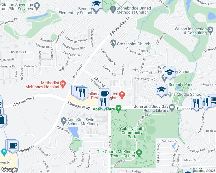 map of restaurants, bars, coffee shops, grocery stores, and more near 2551 Alma Road in McKinney