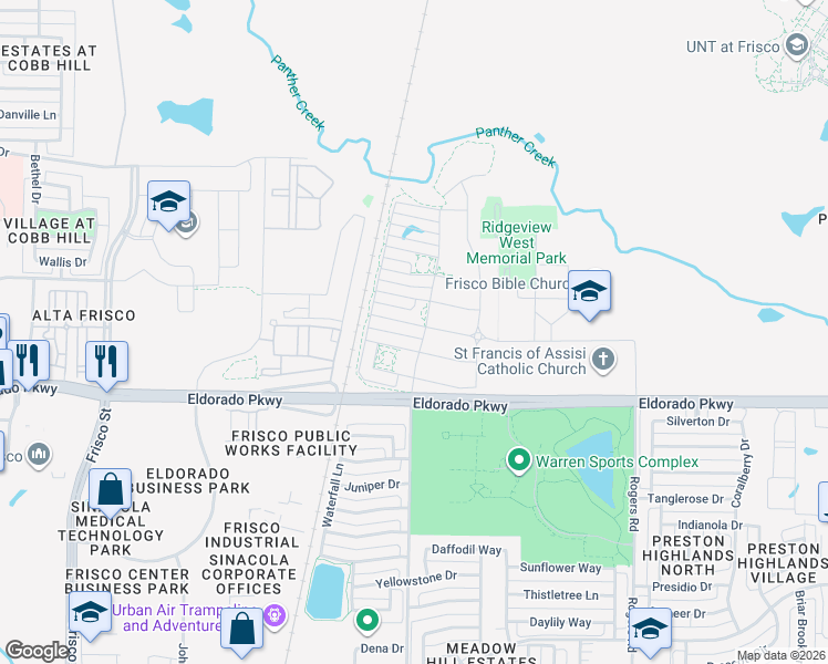 map of restaurants, bars, coffee shops, grocery stores, and more near 7379 Sanctuary Drive in Frisco