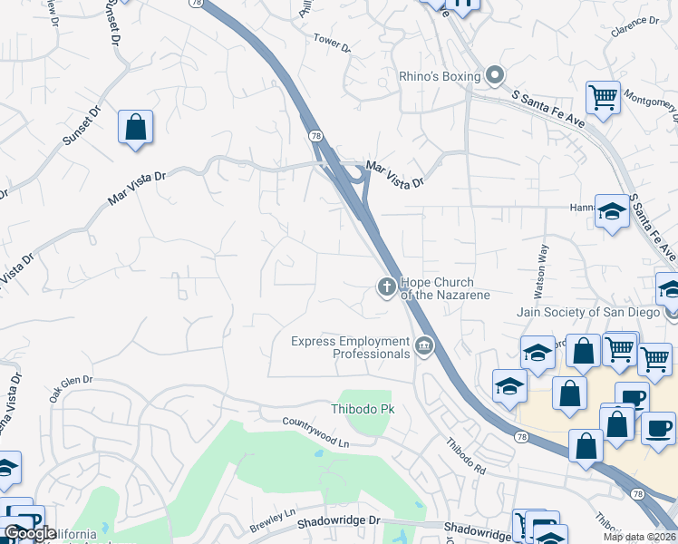 map of restaurants, bars, coffee shops, grocery stores, and more near 520 Hilo Way in Vista