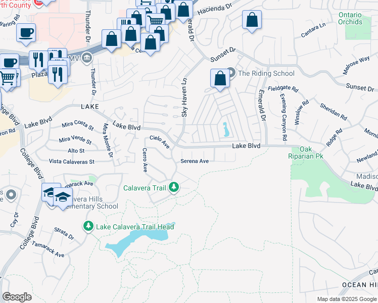 map of restaurants, bars, coffee shops, grocery stores, and more near 3603 Cresta Court in Oceanside