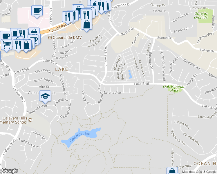 map of restaurants, bars, coffee shops, grocery stores, and more near 3603 Cresta Court in Oceanside