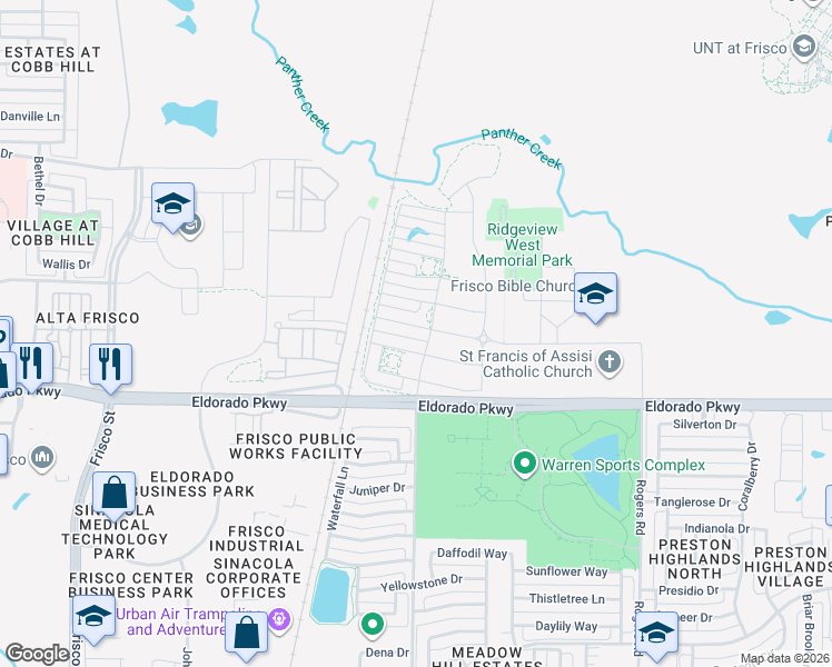 map of restaurants, bars, coffee shops, grocery stores, and more near 7379 Sanctuary Drive in Frisco