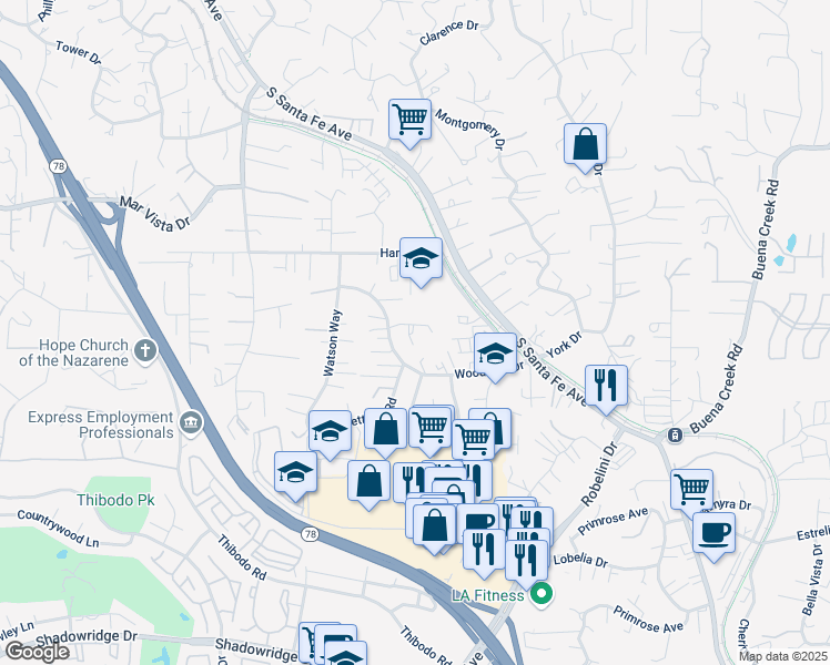 map of restaurants, bars, coffee shops, grocery stores, and more near 233 Woodland Drive in Vista