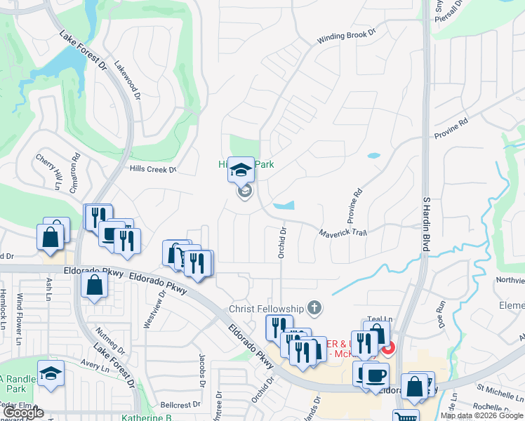 map of restaurants, bars, coffee shops, grocery stores, and more near 3915 Maverick Trail in McKinney