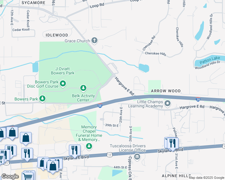 map of restaurants, bars, coffee shops, grocery stores, and more near 2501 Hargrove Road East in Tuscaloosa