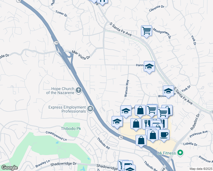 map of restaurants, bars, coffee shops, grocery stores, and more near 1710 Avocado Drive in Vista