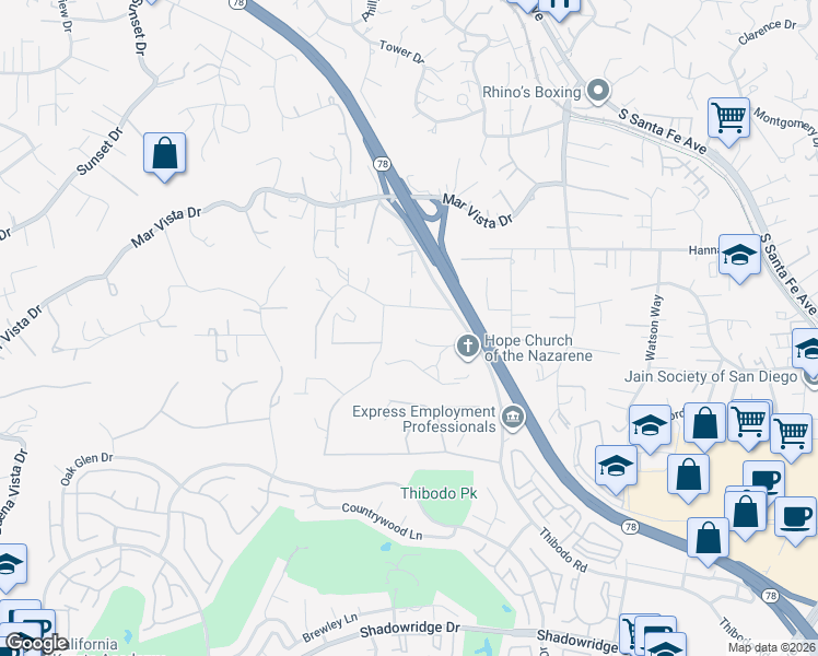 map of restaurants, bars, coffee shops, grocery stores, and more near 520 Hilo Way in Vista
