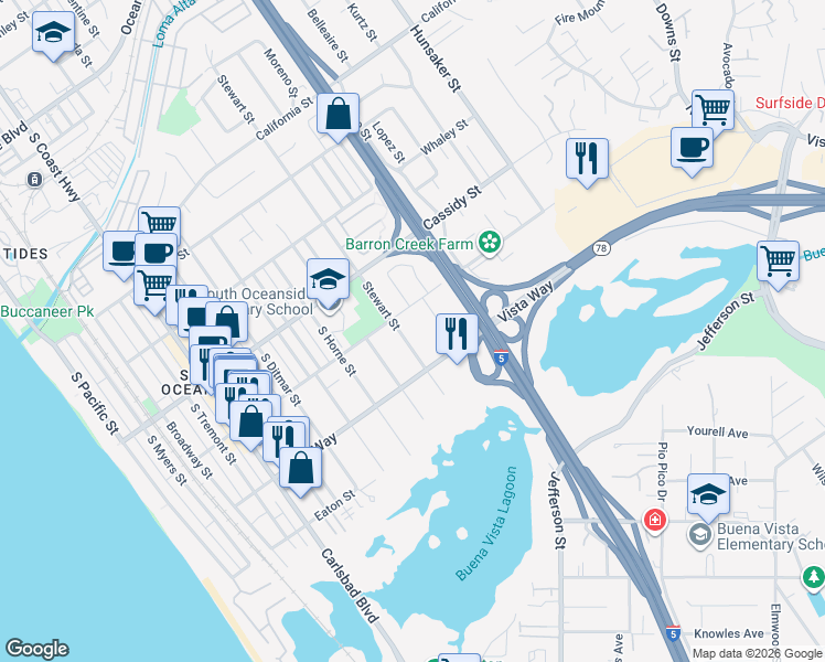 map of restaurants, bars, coffee shops, grocery stores, and more near 1904 Stewart Street in Oceanside