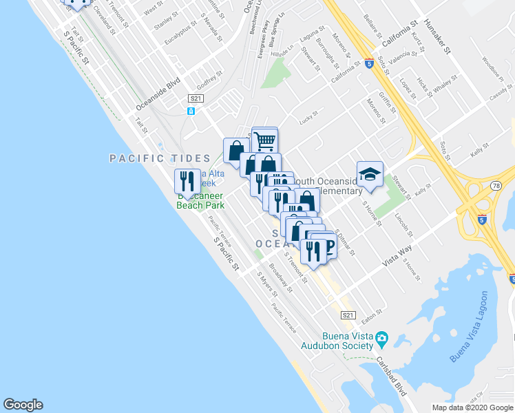 map of restaurants, bars, coffee shops, grocery stores, and more near 1630 South Tremont Street in Oceanside