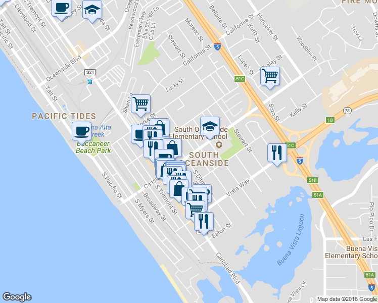 map of restaurants, bars, coffee shops, grocery stores, and more near 1745 South Nevada Street in Oceanside