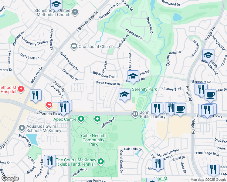map of restaurants, bars, coffee shops, grocery stores, and more near 2604 Palo Duro Canyon Drive in McKinney