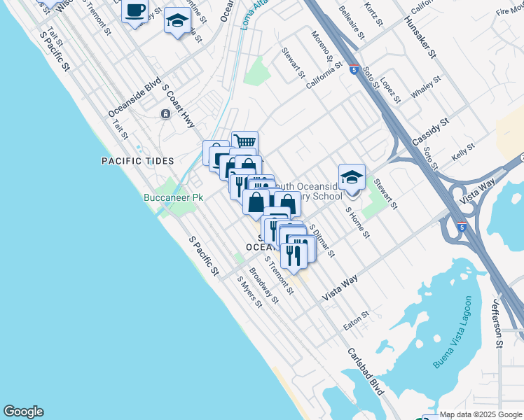 map of restaurants, bars, coffee shops, grocery stores, and more near 1702 South Coast Highway in Oceanside