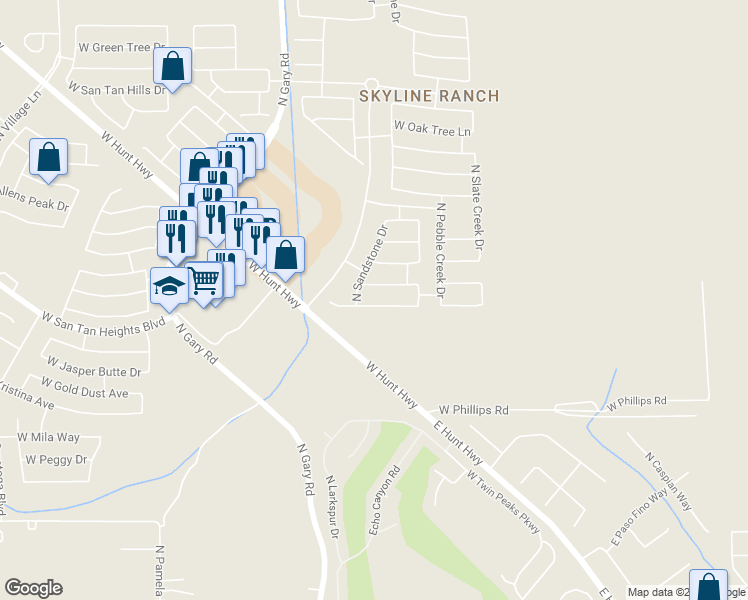 map of restaurants, bars, coffee shops, grocery stores, and more near 1054 West Desert Seasons Drive in San Tan Valley