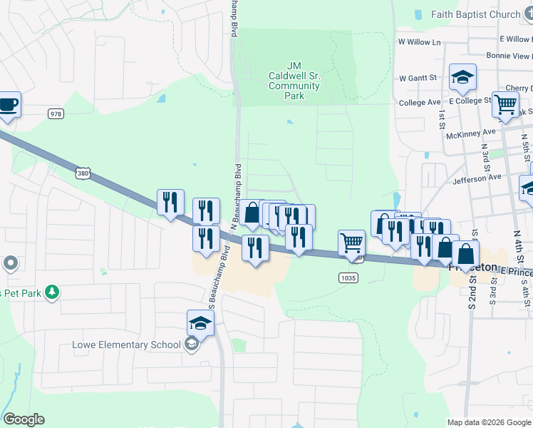 map of restaurants, bars, coffee shops, grocery stores, and more near 707 Creekview Drive in Princeton