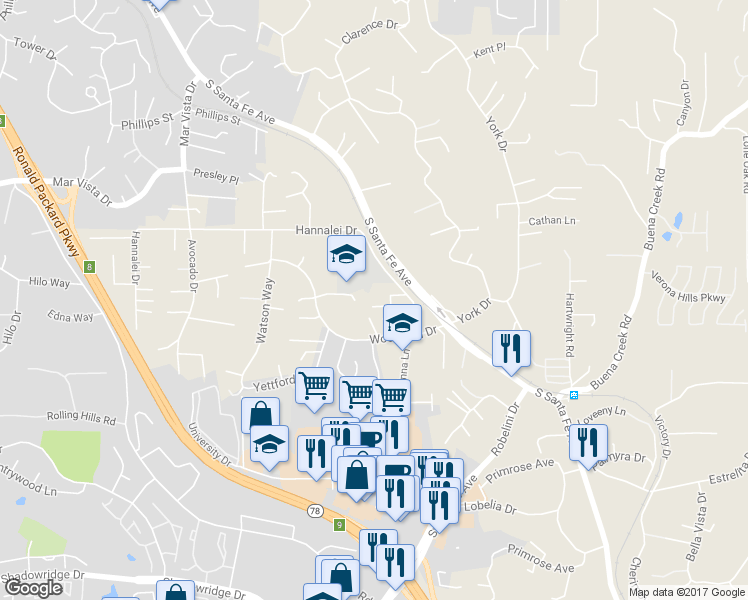 map of restaurants, bars, coffee shops, grocery stores, and more near 110 Hannalei Drive in Vista