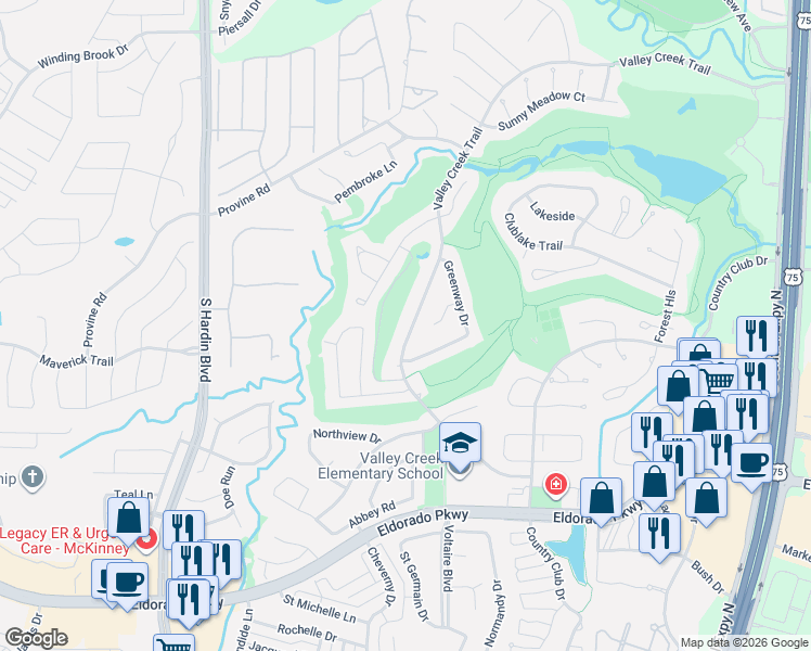 map of restaurants, bars, coffee shops, grocery stores, and more near 2638 Valley Creek Trail in McKinney