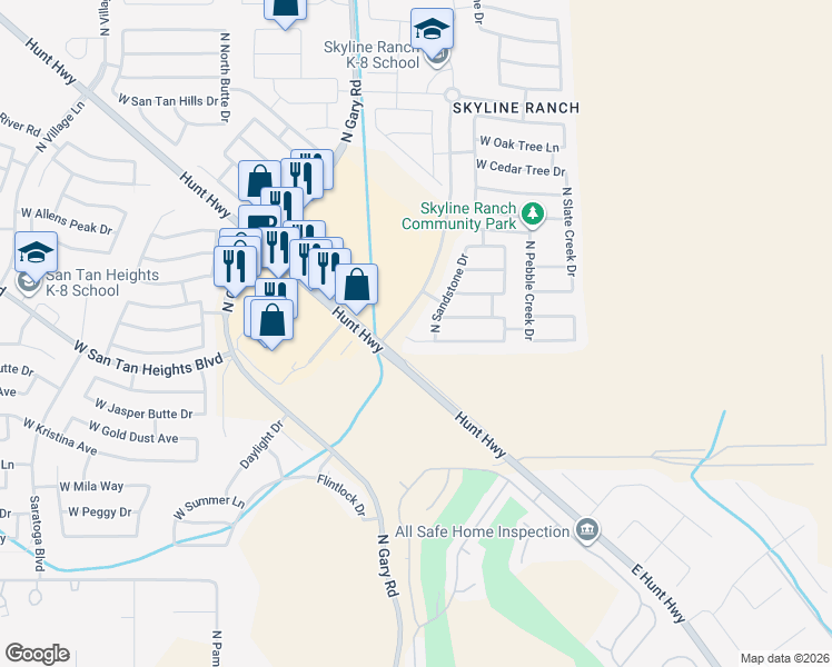 map of restaurants, bars, coffee shops, grocery stores, and more near 1194 West Desert Seasons Drive in San Tan Valley