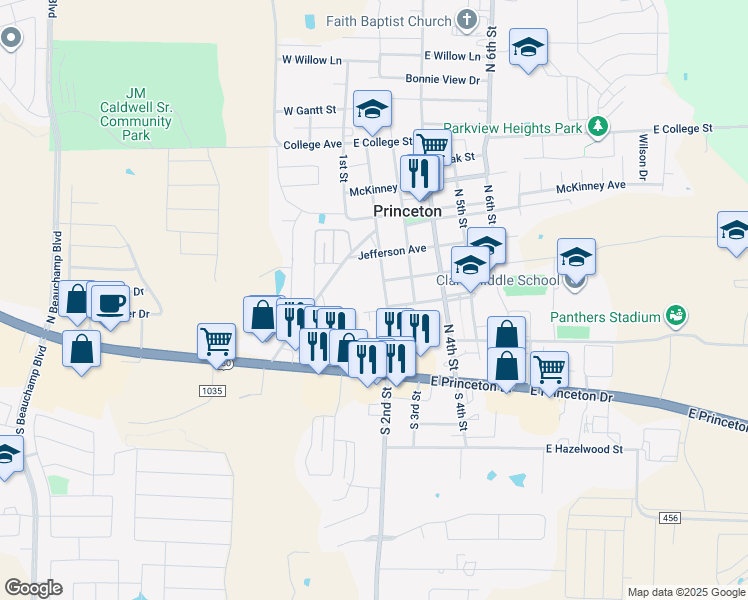 map of restaurants, bars, coffee shops, grocery stores, and more near 308 North 2nd Street in Princeton