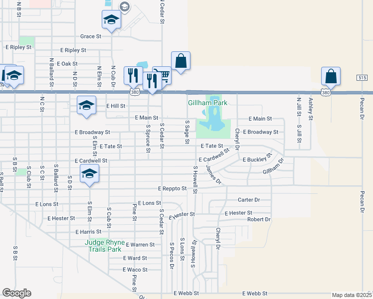 map of restaurants, bars, coffee shops, grocery stores, and more near 1414 East Tate Street in Brownfield