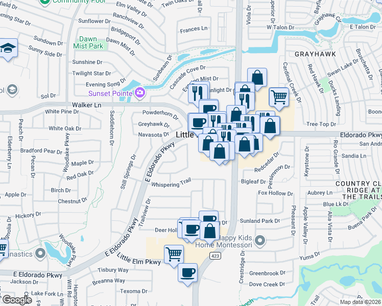 map of restaurants, bars, coffee shops, grocery stores, and more near 2525 Stone Meadows Drive in Little Elm