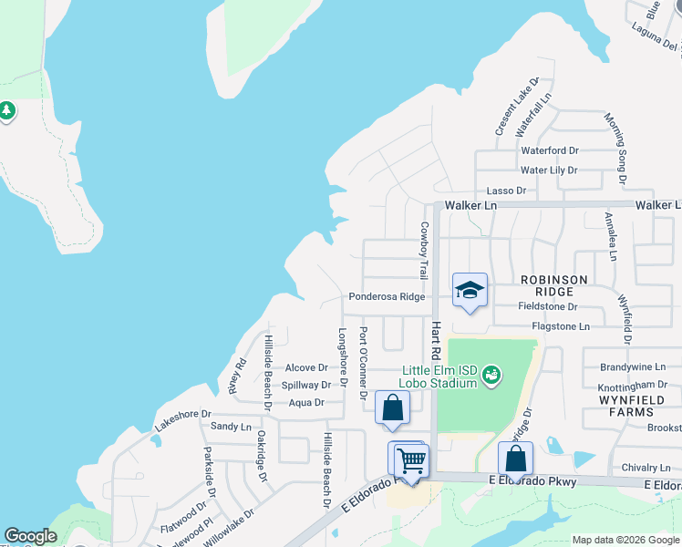 map of restaurants, bars, coffee shops, grocery stores, and more near 521 Longshore Drive in Little Elm