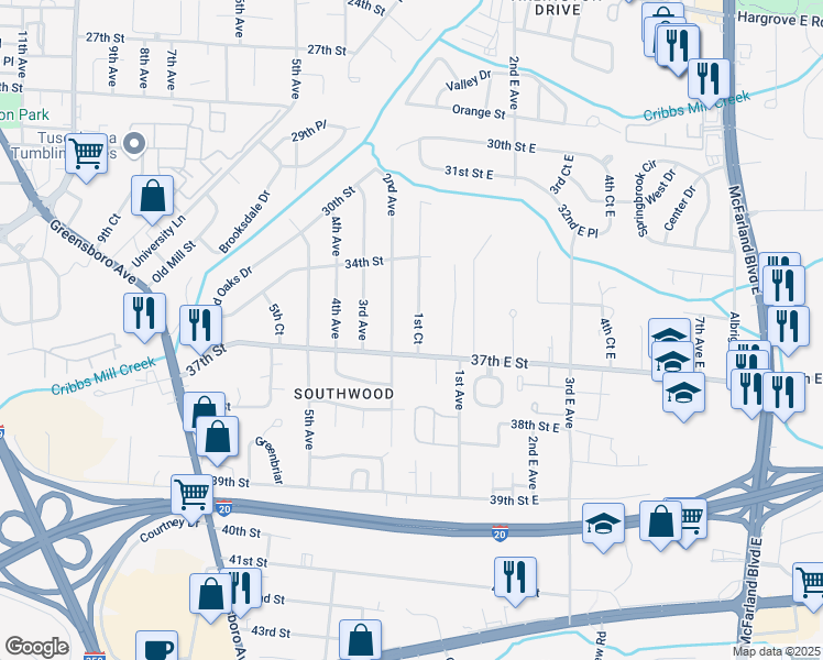 map of restaurants, bars, coffee shops, grocery stores, and more near 3614 1st Court in Tuscaloosa