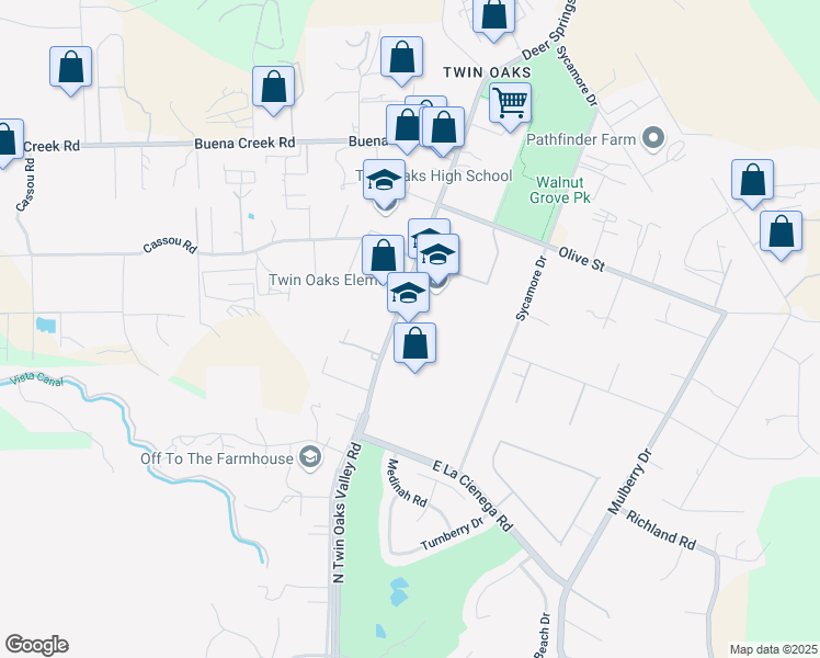 map of restaurants, bars, coffee shops, grocery stores, and more near 1915 North Twin Oaks Valley Road in San Marcos