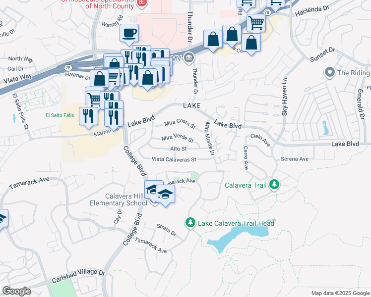 map of restaurants, bars, coffee shops, grocery stores, and more near Alto Street in Oceanside