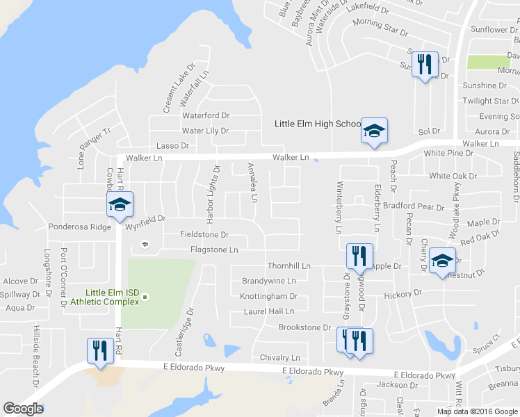 map of restaurants, bars, coffee shops, grocery stores, and more near 2612 Annalea Lane in Little Elm