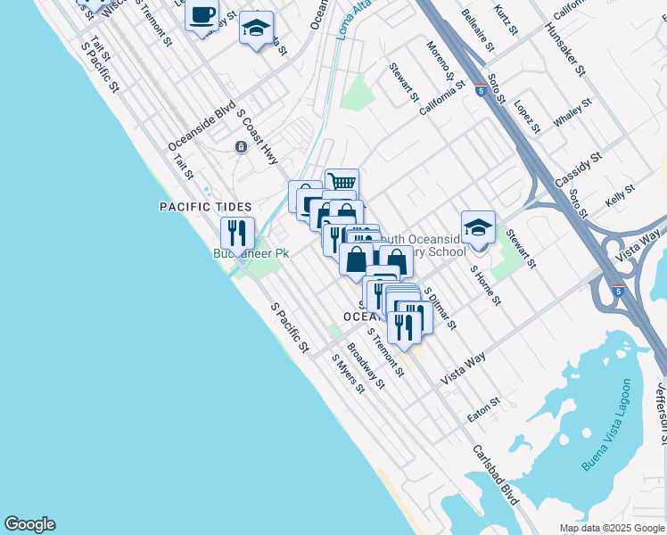 map of restaurants, bars, coffee shops, grocery stores, and more near 1630 South Tremont Street in Oceanside