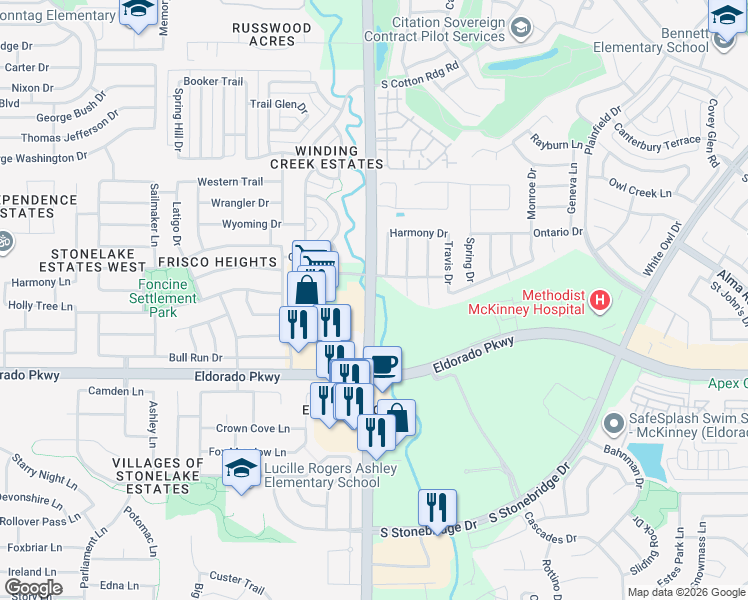 map of restaurants, bars, coffee shops, grocery stores, and more near 2305 Custer Road in McKinney