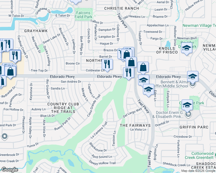 map of restaurants, bars, coffee shops, grocery stores, and more near 11769 Casa Grande Trail in Frisco