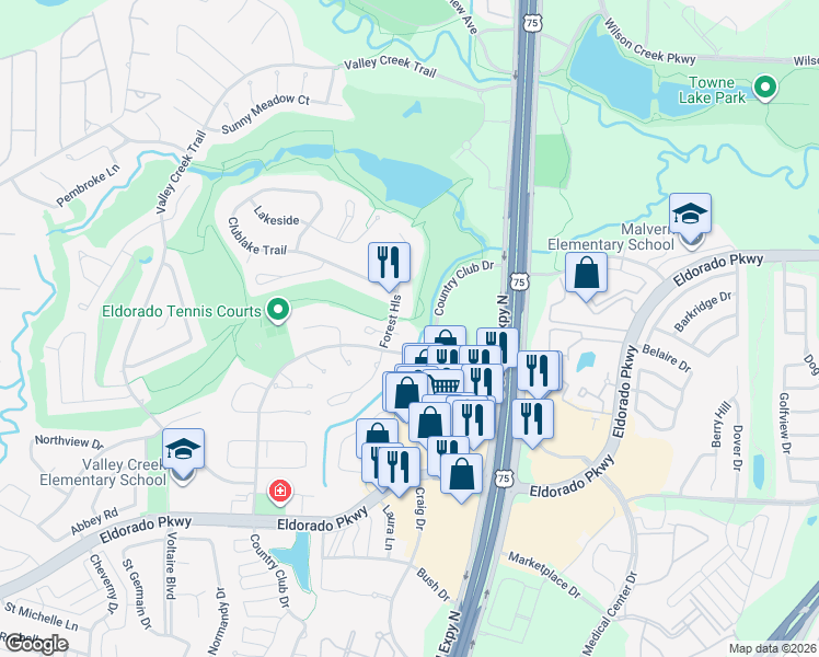 map of restaurants, bars, coffee shops, grocery stores, and more near 2302 Forest Hills Court in McKinney