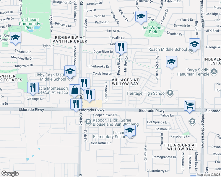 map of restaurants, bars, coffee shops, grocery stores, and more near 12029 Delaga Drive in Frisco