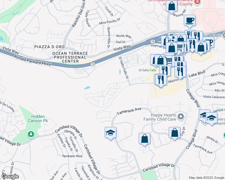 map of restaurants, bars, coffee shops, grocery stores, and more near 3173 Tondi Way in Carlsbad