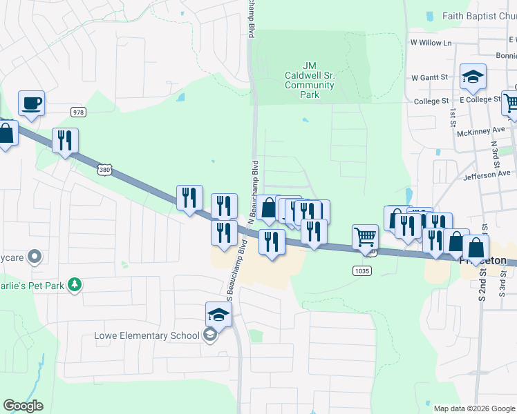 map of restaurants, bars, coffee shops, grocery stores, and more near 707 Cedar Cove Drive in Princeton