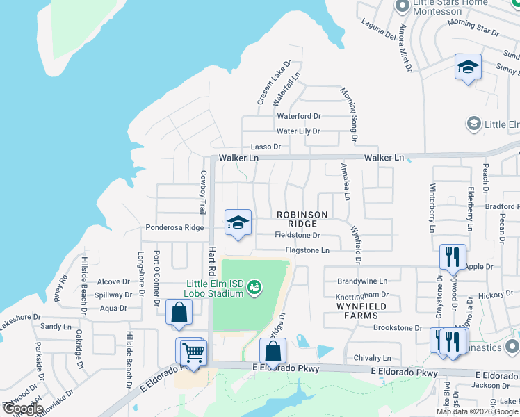map of restaurants, bars, coffee shops, grocery stores, and more near 2609 Rockport Lane in Little Elm
