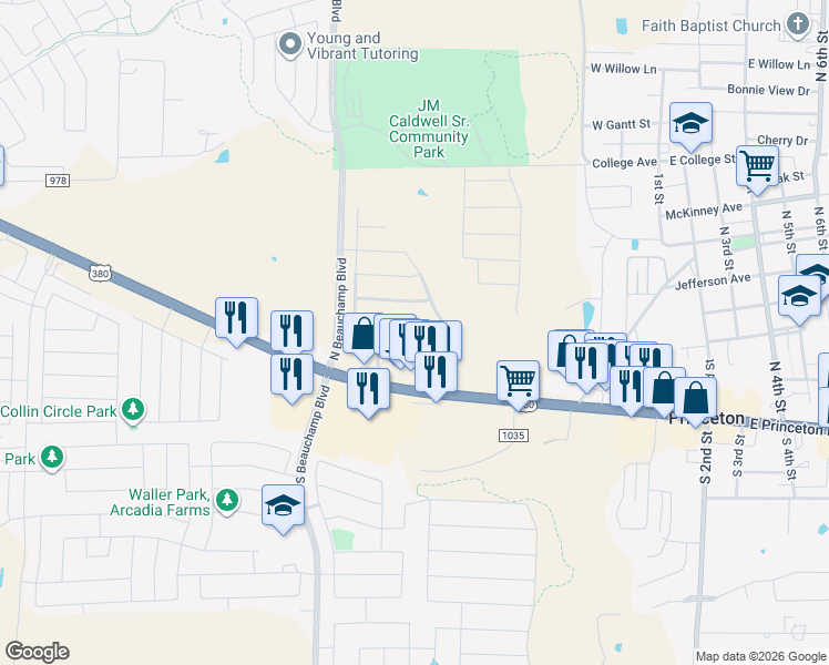 map of restaurants, bars, coffee shops, grocery stores, and more near 212 Creekwood Drive in Princeton