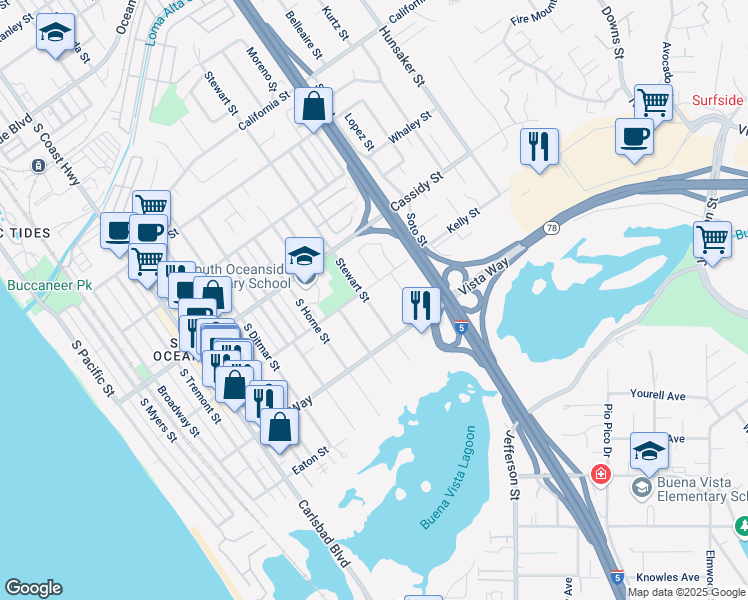 map of restaurants, bars, coffee shops, grocery stores, and more near 1904 Stewart Street in Oceanside