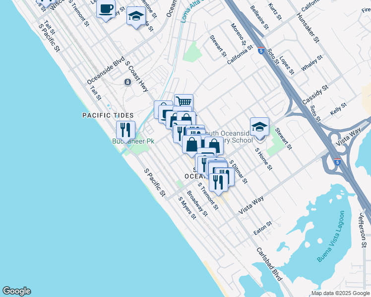map of restaurants, bars, coffee shops, grocery stores, and more near 1630 South Tremont Street in Oceanside