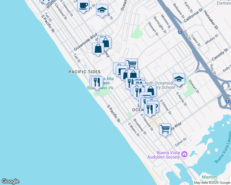 map of restaurants, bars, coffee shops, grocery stores, and more near 1610 Broadway Street in Oceanside