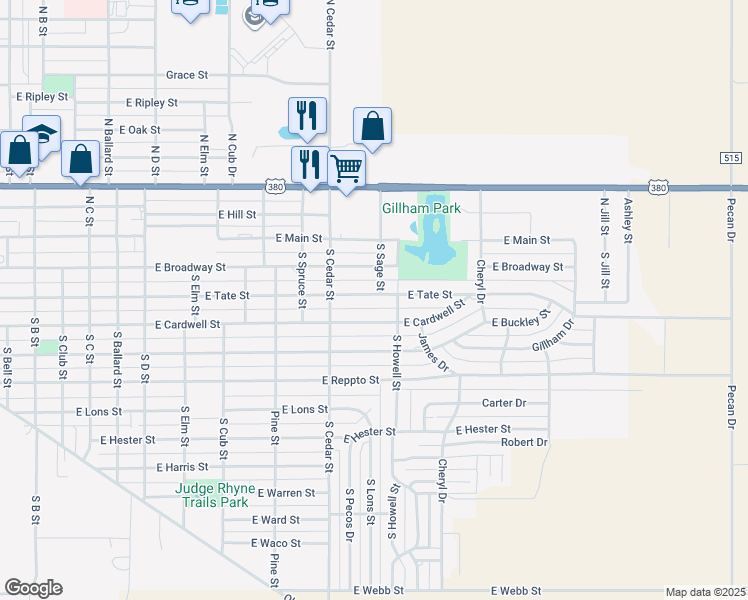 map of restaurants, bars, coffee shops, grocery stores, and more near 1414 East Tate Street in Brownfield