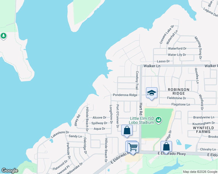 map of restaurants, bars, coffee shops, grocery stores, and more near 521 Longshore Drive in Little Elm