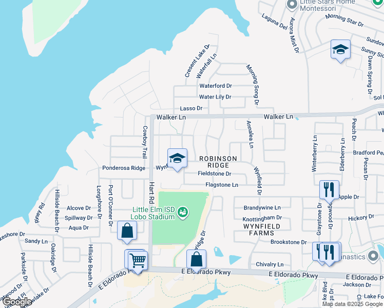 map of restaurants, bars, coffee shops, grocery stores, and more near 2608 Misty Harbor Drive in Little Elm